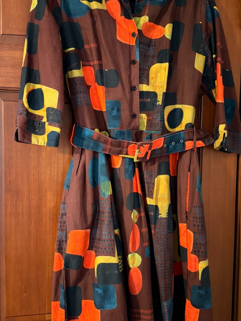 Palava Abstract Print Belted Midi Shirt Dress in Brown and Multicolor - Picture 1 of 2